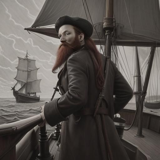 Red-Haired Sea Captain on Ship: Charcoal Drawing