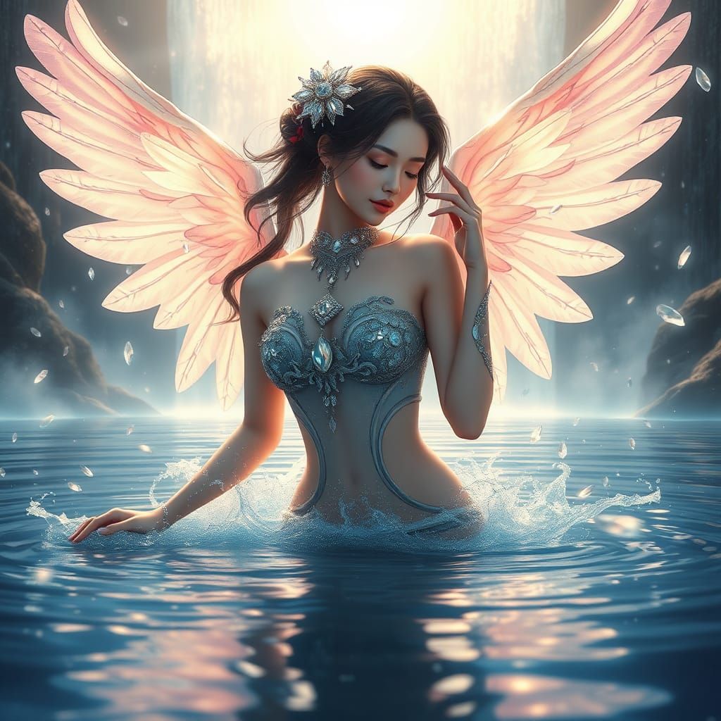 Kinnaree with Angel Wings in a Diamond Waterfall