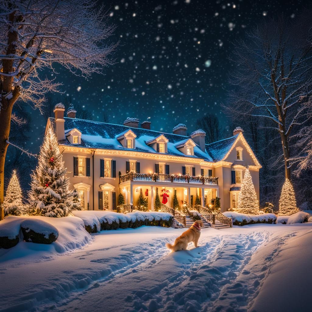 Festive Christmas Mansion Scene with Golden Retrievers