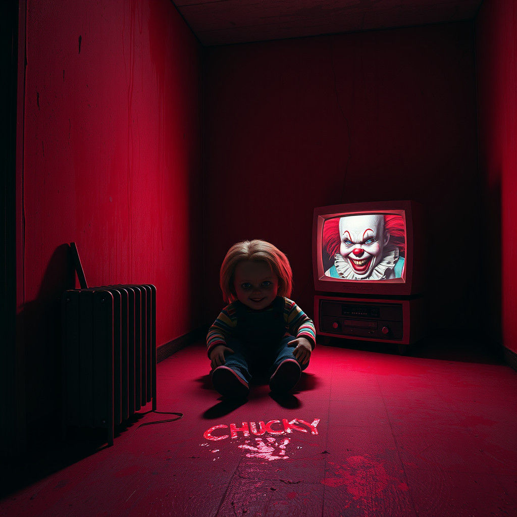 Chucky in Crimson Room with Clown: Dark Fantasy Art