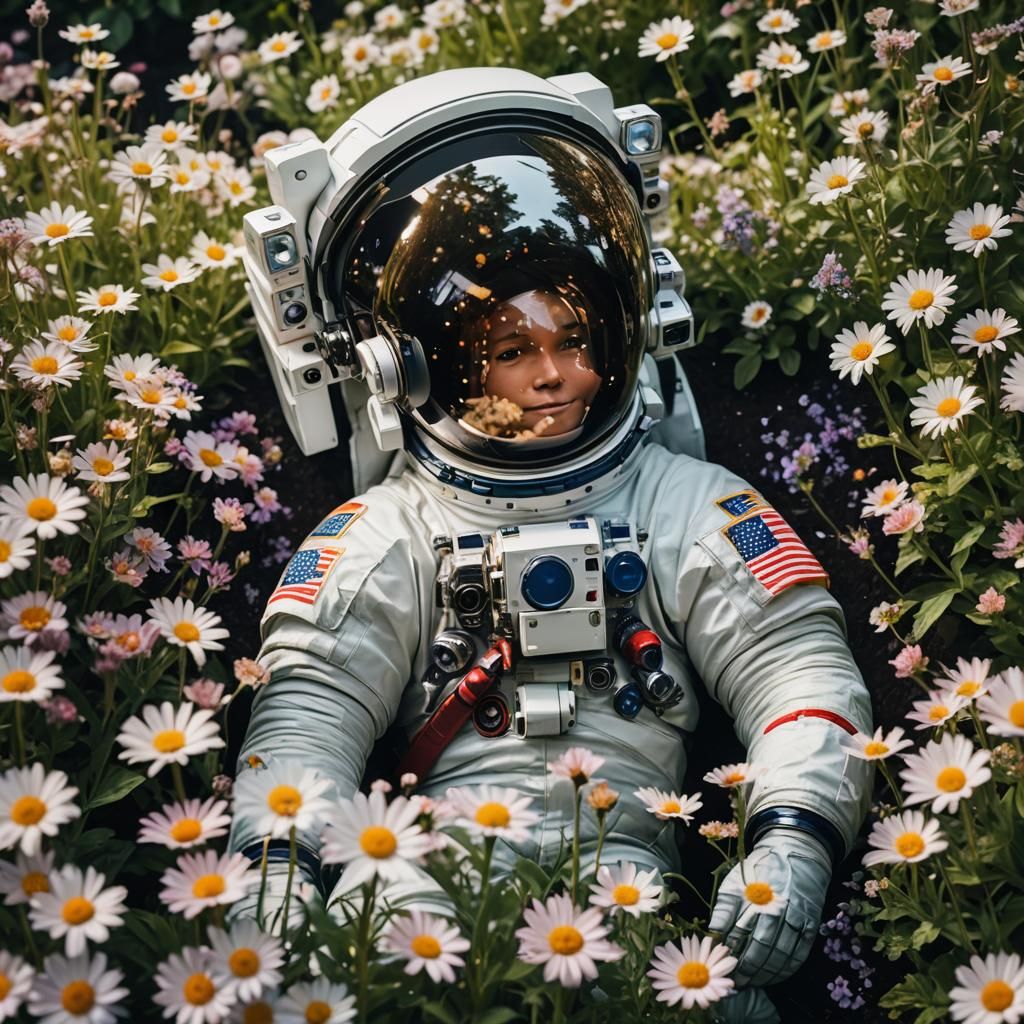 Astronaut in Flower Garden Reflecting the Universe