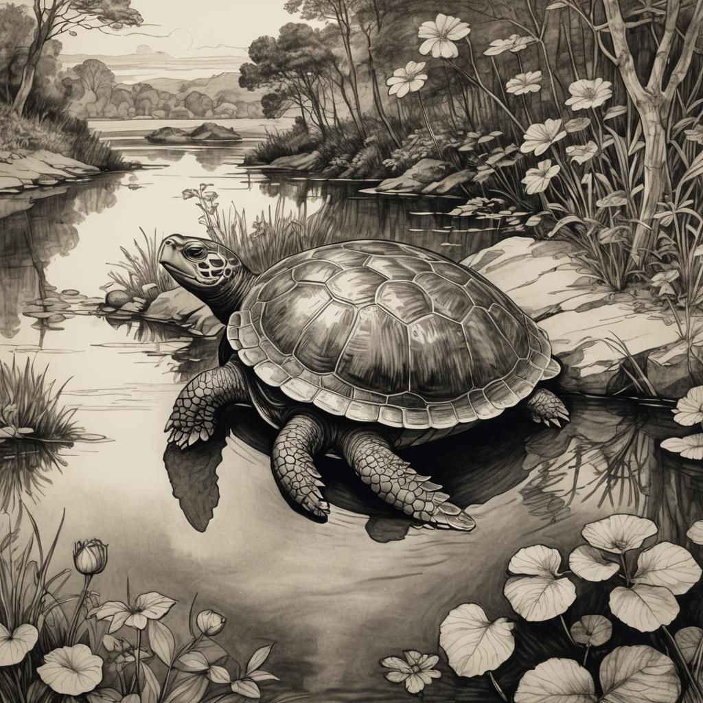 Happy Turtle by Serene Lake: Pre-Raphaelite Ink Drawing