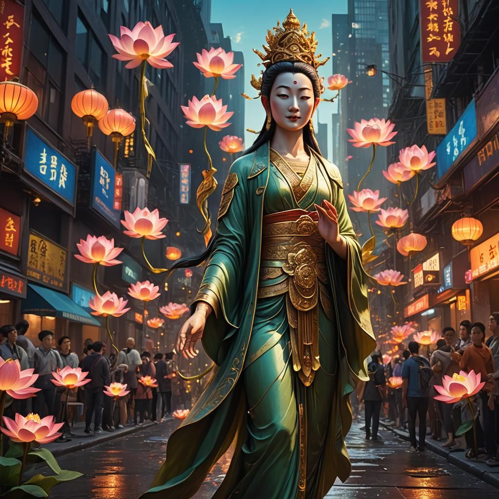 Kuan Yin Walks NYC Streets in Matte Painting