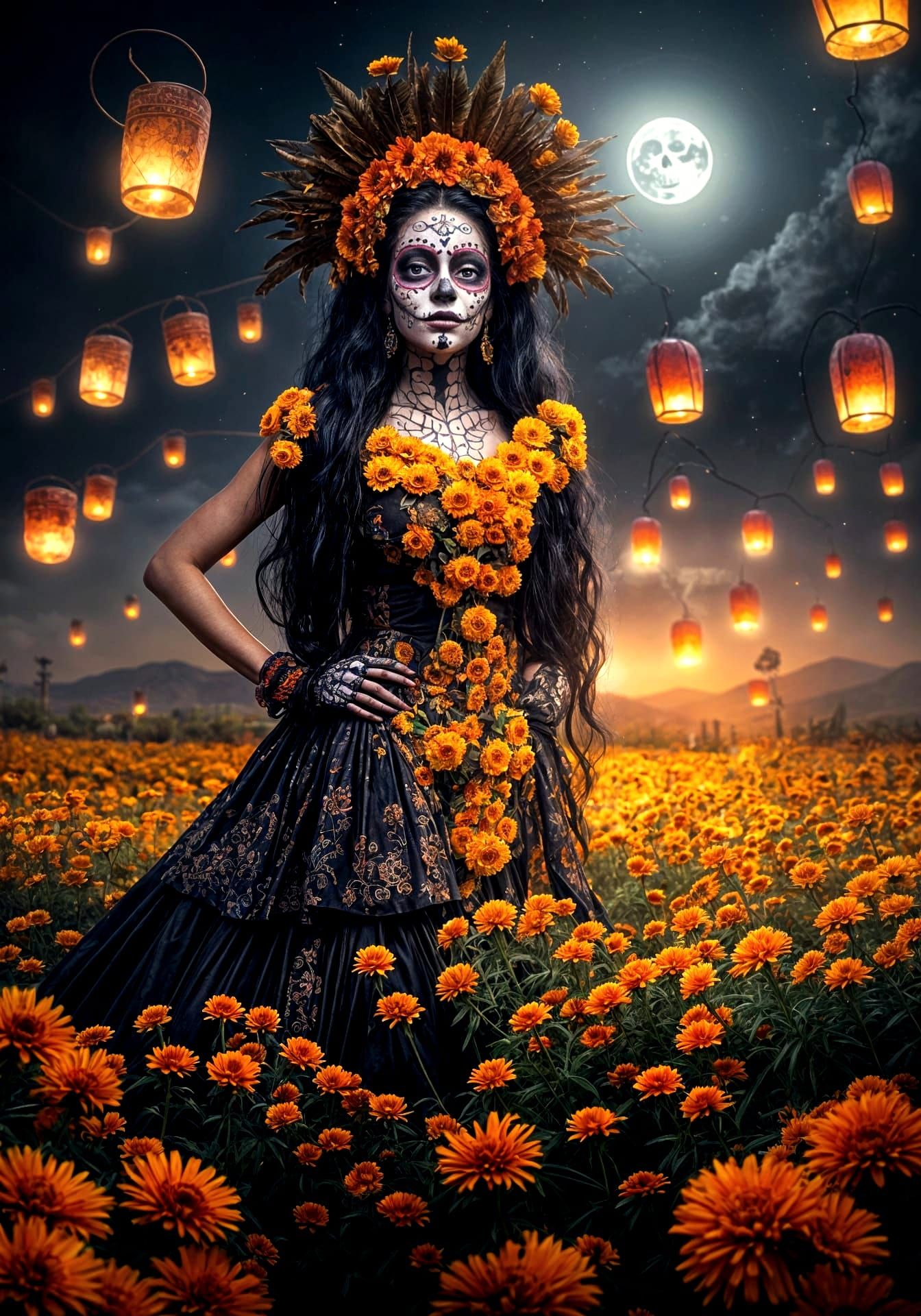 Day of the Dead Priestess in Harvest Field