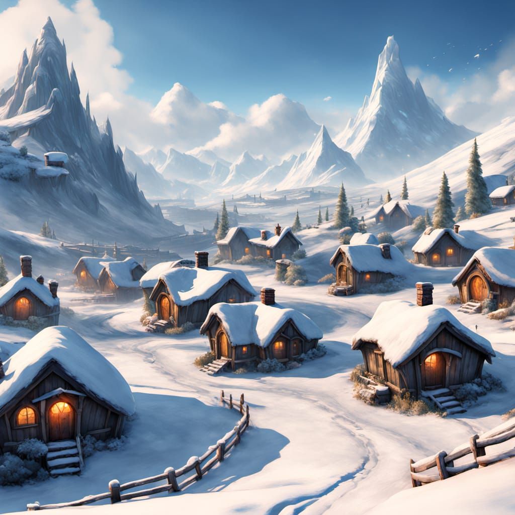 Winter Wonderland Village in Realistic Cartoon Style