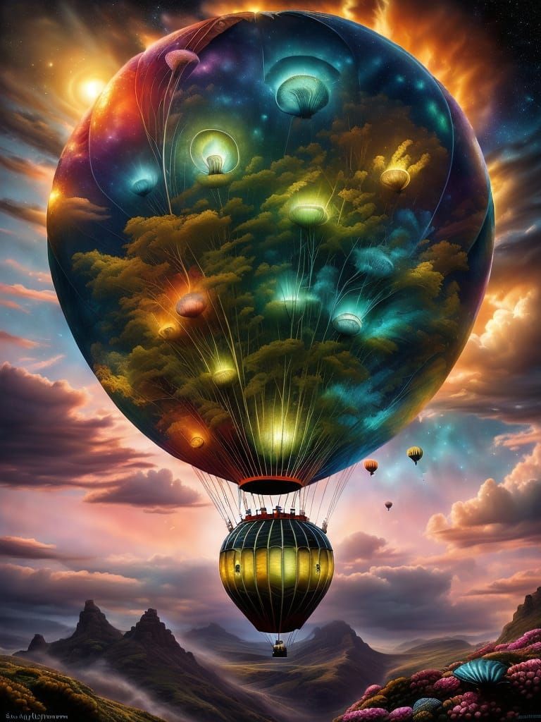 Hot Air Balloon Among Iridescent Whales in Pink Sunrise Sky