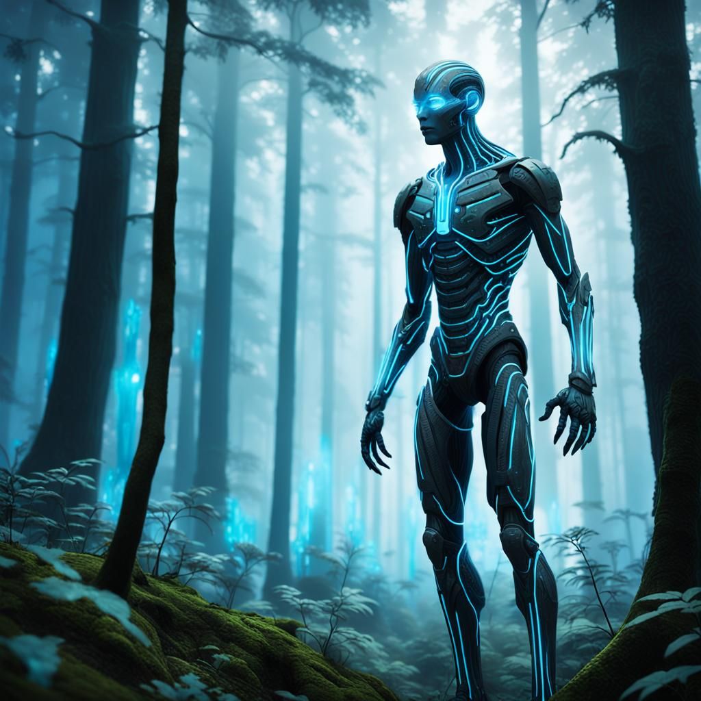 Futuristic Humanoid in Ethereal Forest with Glowing Biolumin...