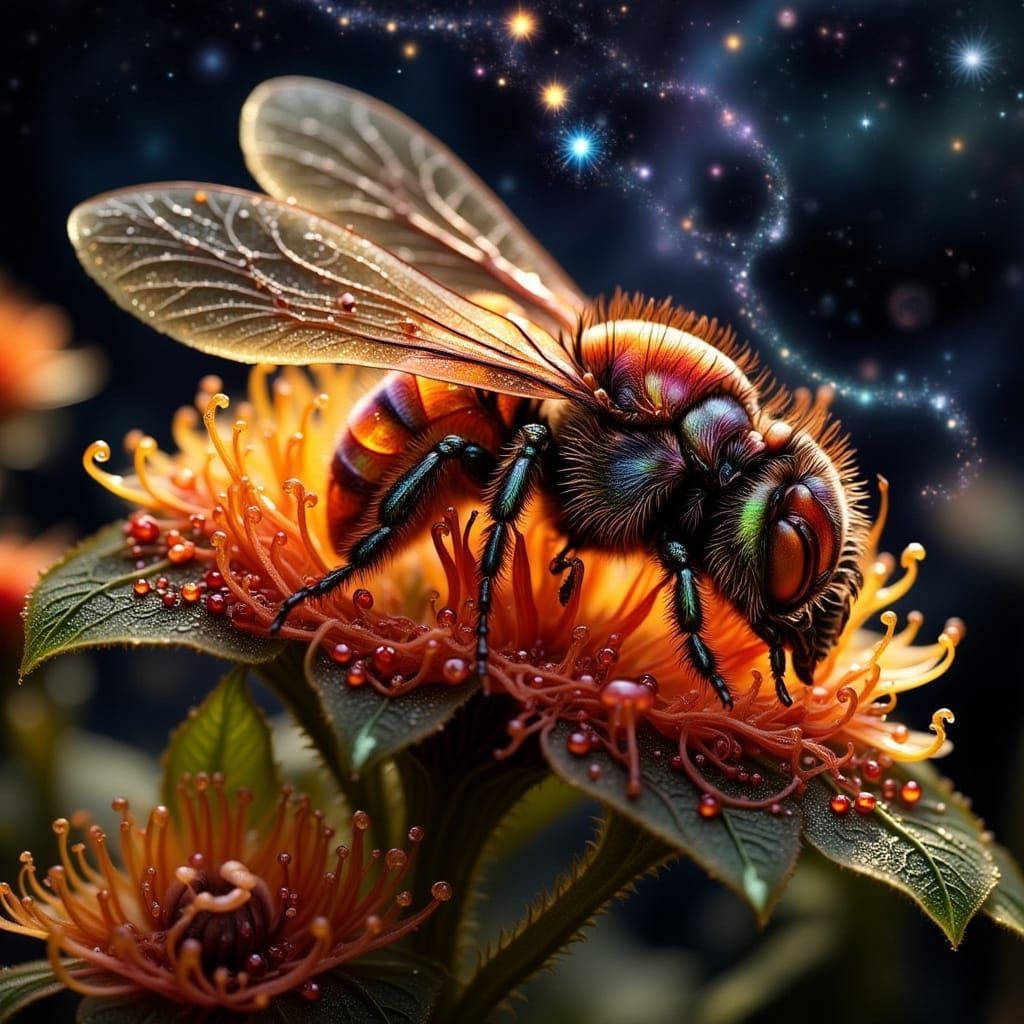 Cartoon Bee Sleeping in Starry Night, Alcohol Ink Art