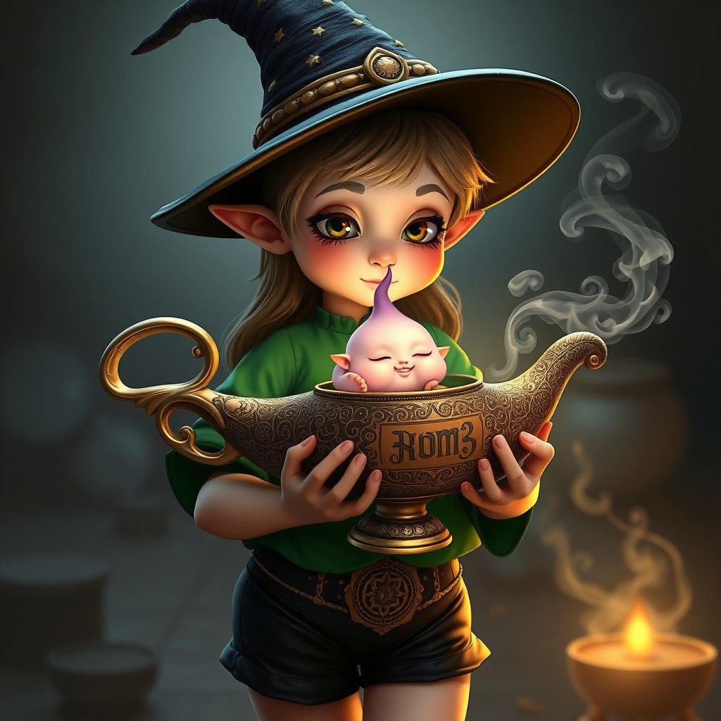 Whimsical Witch with Genie Lamp in Fantasy Style