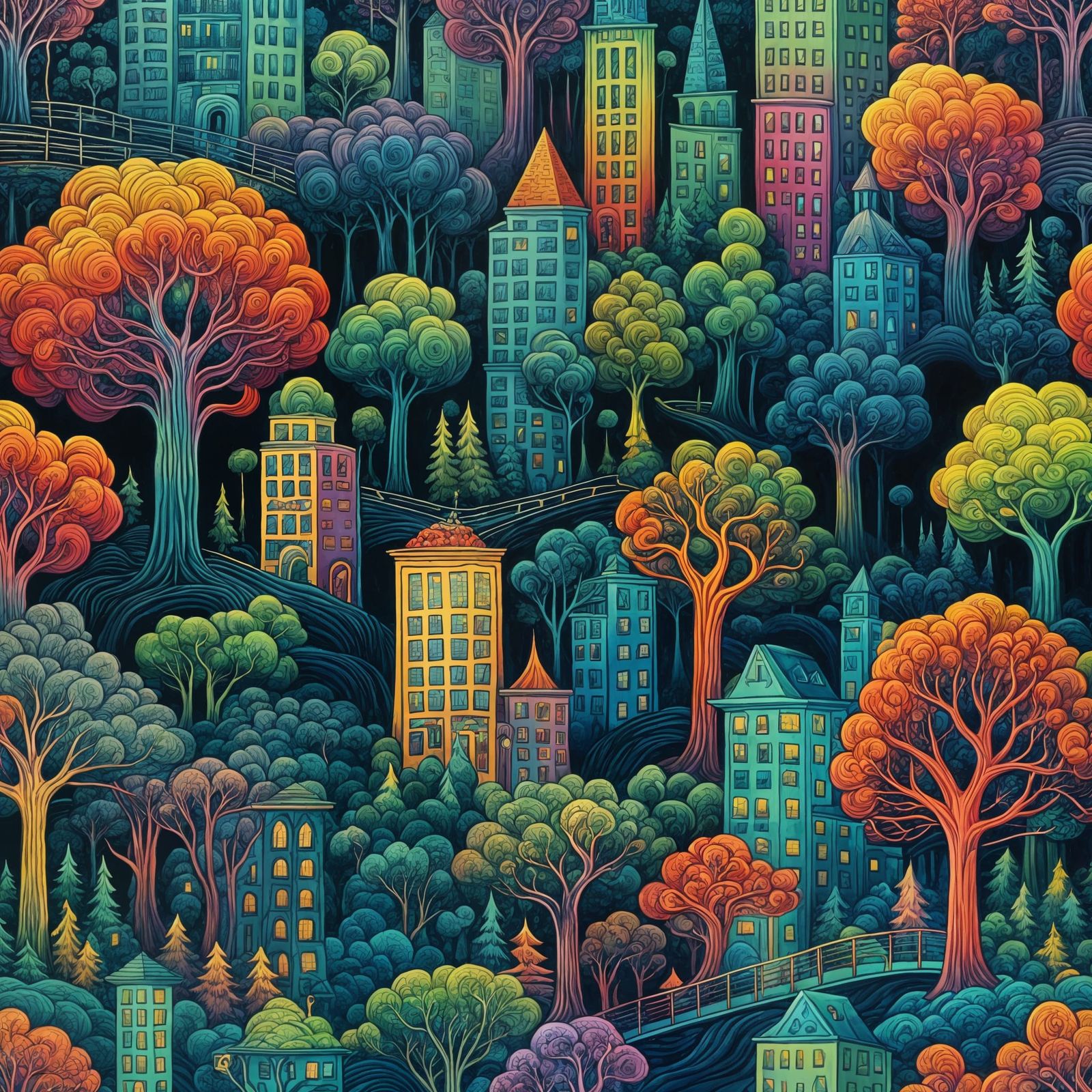Psychedelic Cityscape Forest: A Vibrant AI Creation