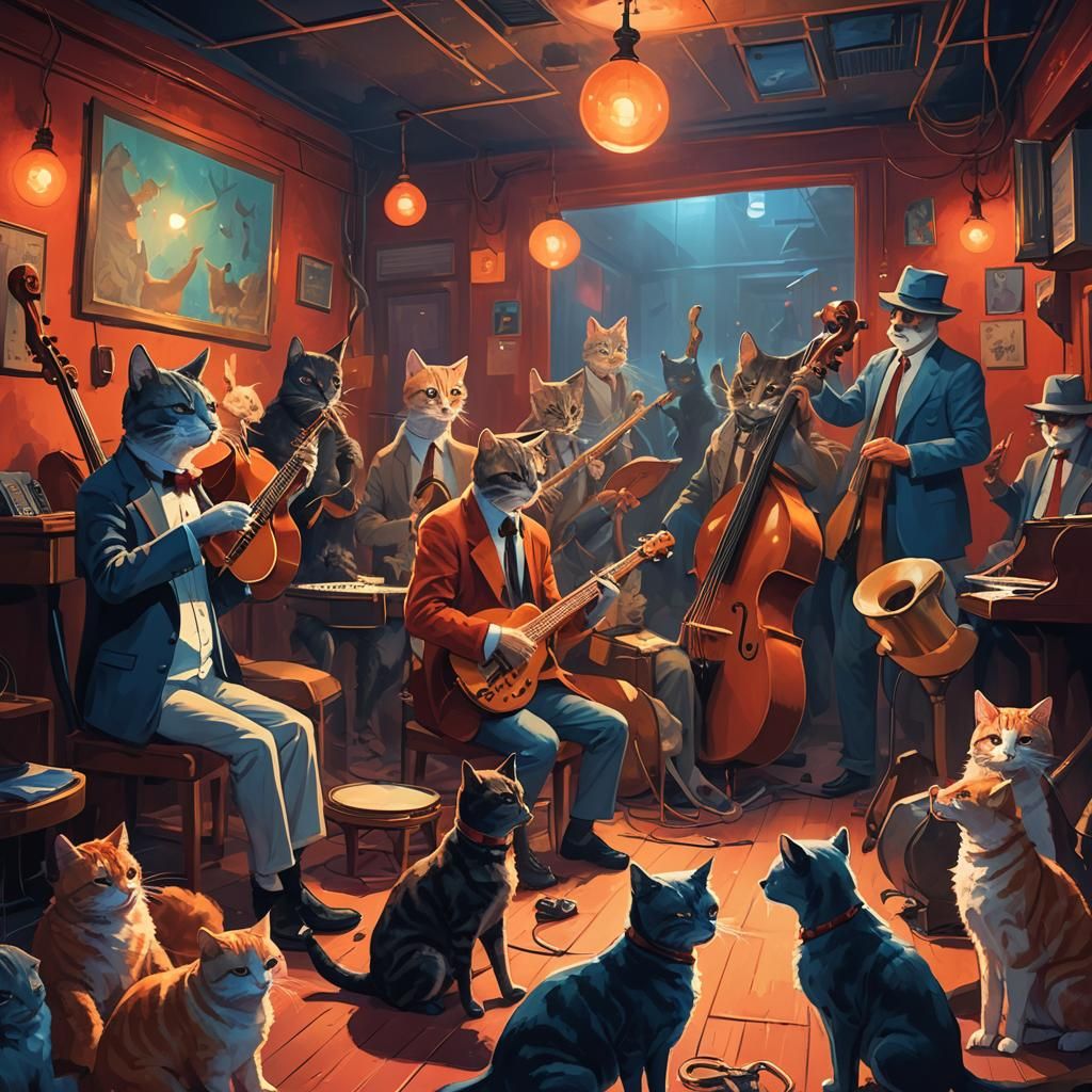 Animals Playing Jazz in Smoky Club, Expressive Oil Painting