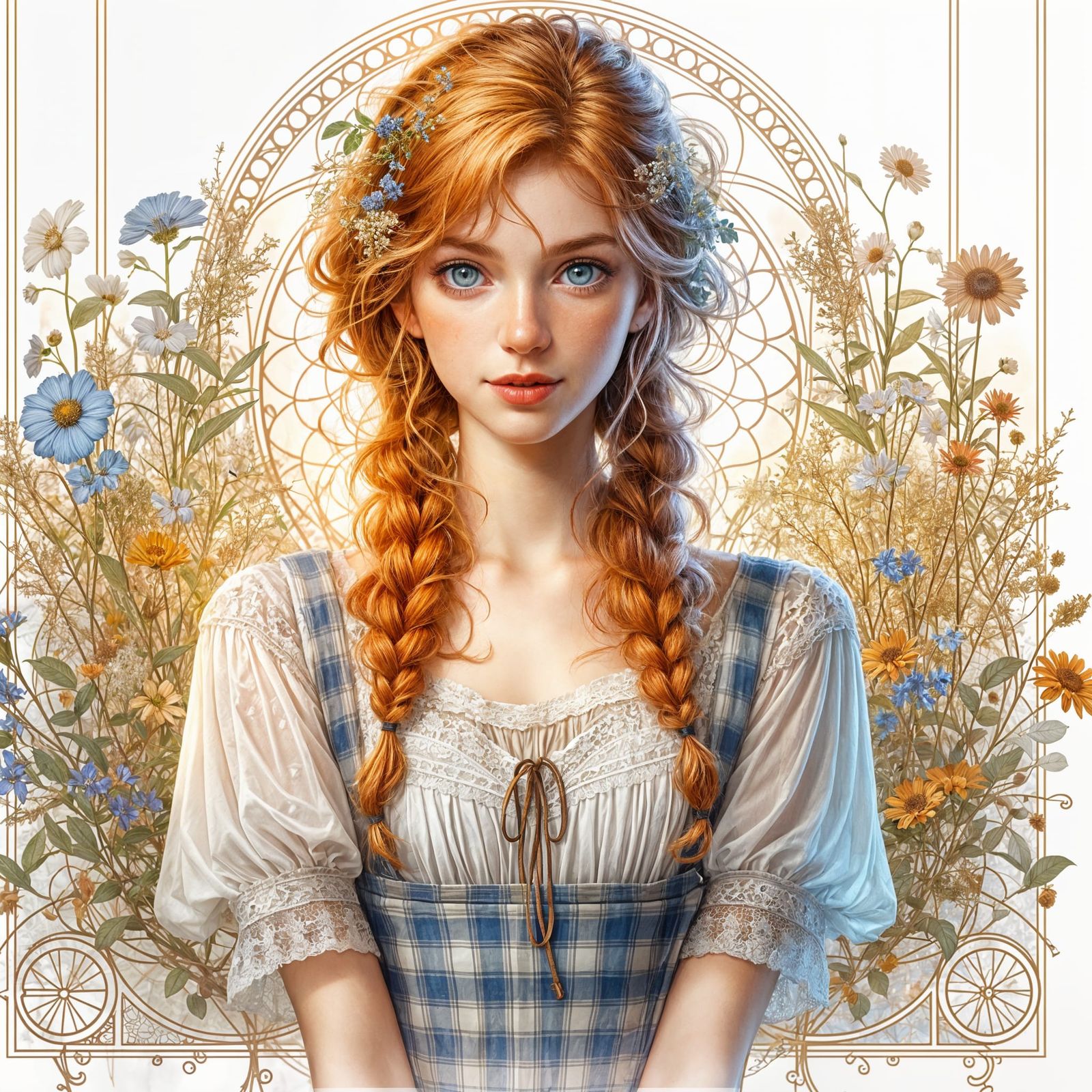 Art Nouveau Portrait: Ginger Haired Woman with Wildflowers