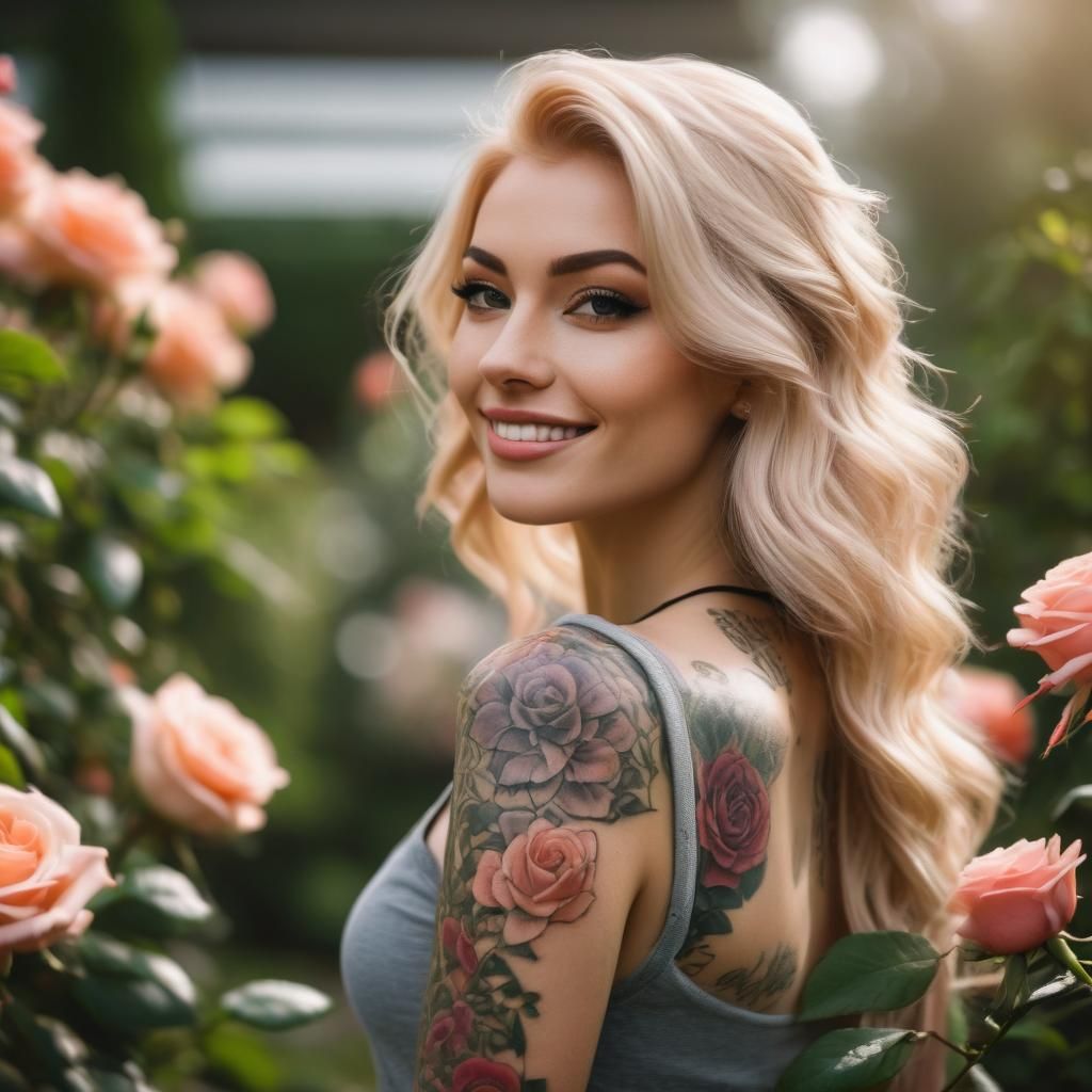 Tattooed Girl in Rose Garden, Professional Photography