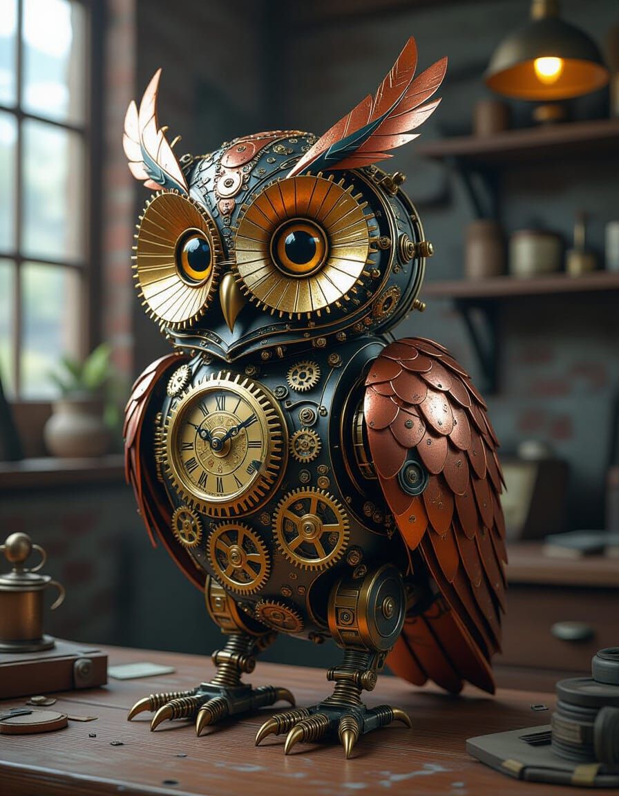 Steampunk Robot Owl in Inventor's Workshop