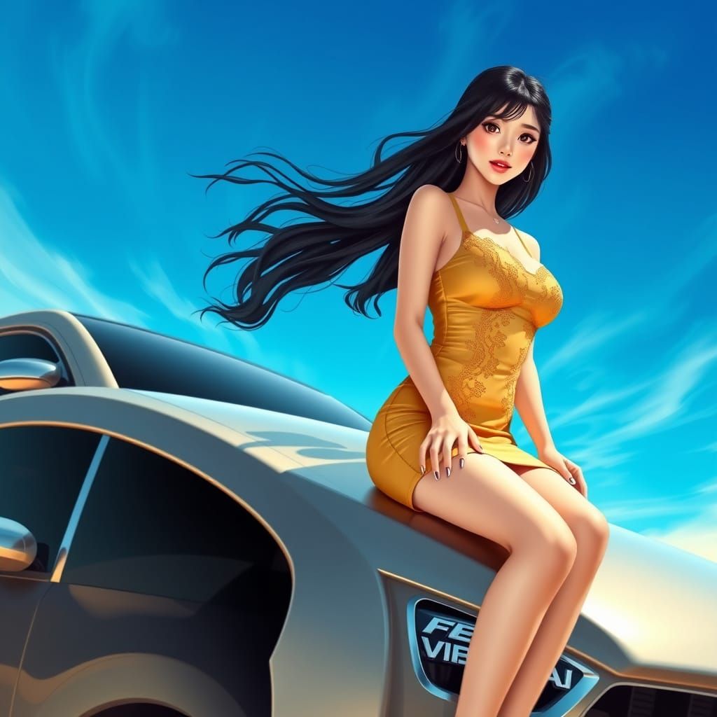 Japanese Car Show Girl in Luxury Hybrid Sports Pick-Up