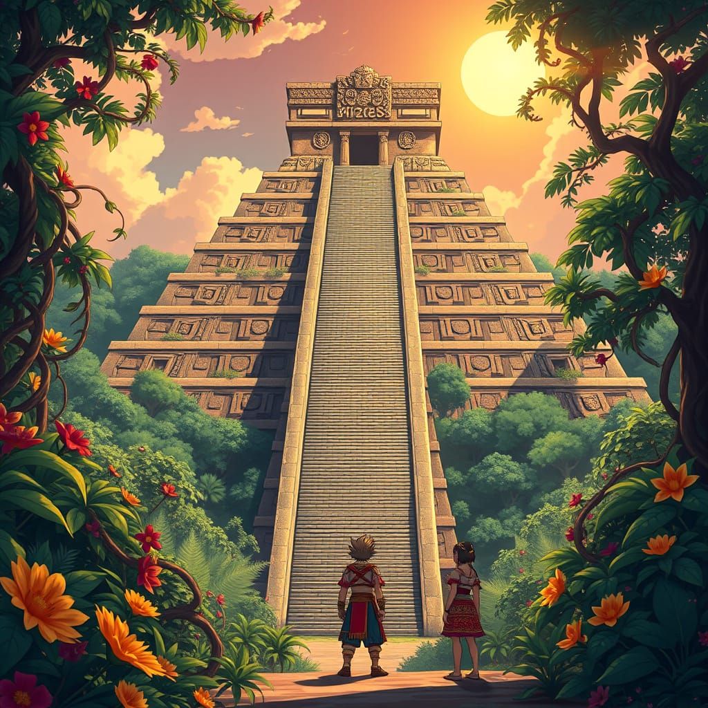 Ancient Aztec Pyramid in Vibrant Anime Style