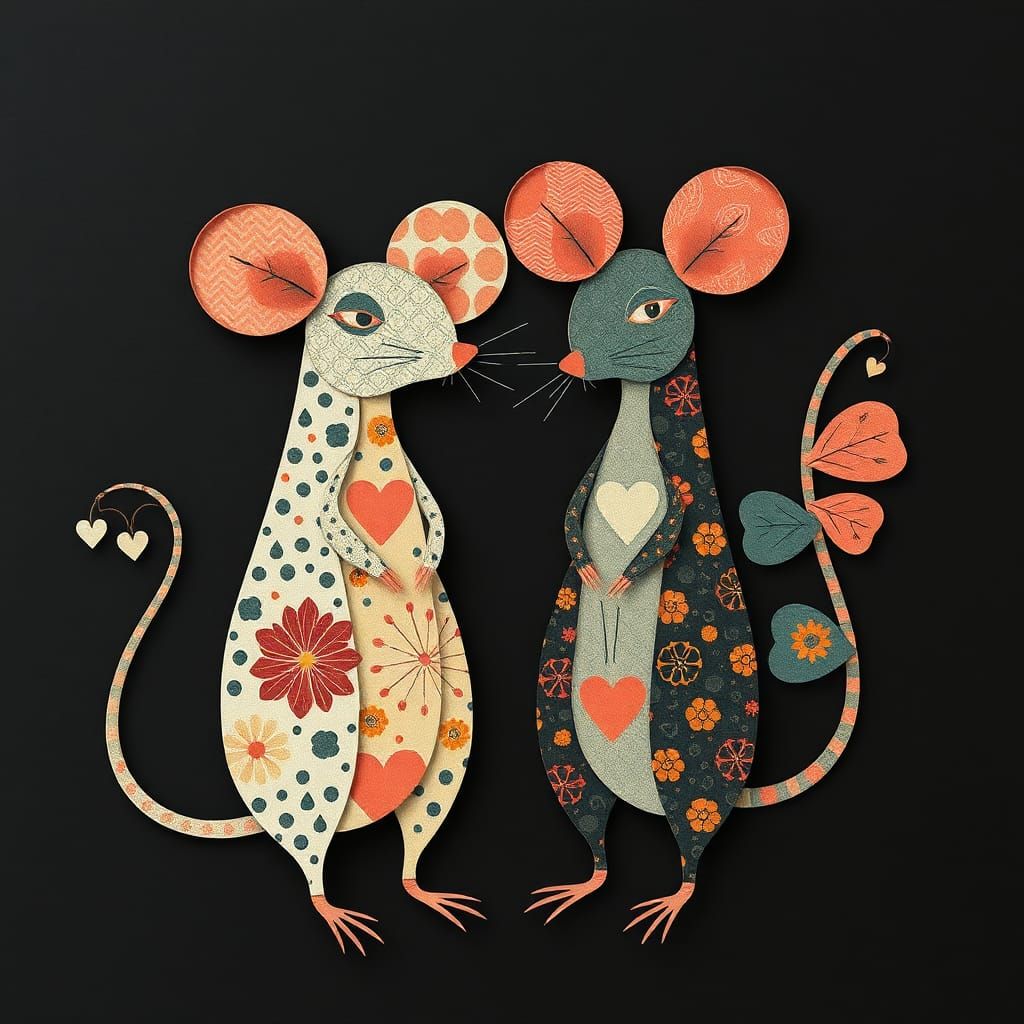 Whimsical Abstract Mice Figures in Collage Style