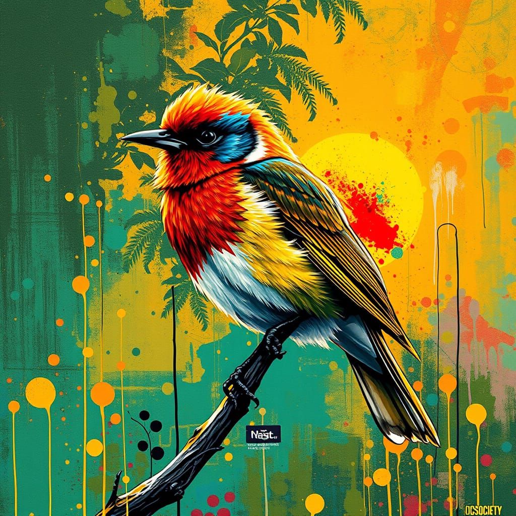 Vibrant Bird Splatter Art in Basquiat Style