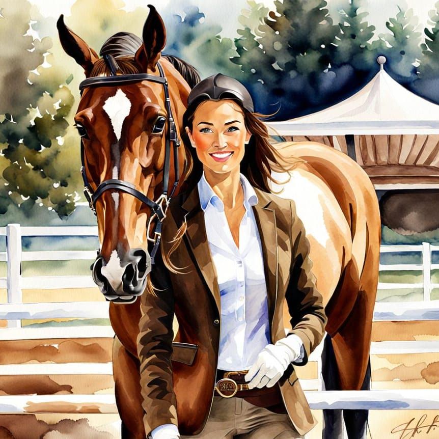 Eurasian Woman and Bay Horse: Watercolor Painting