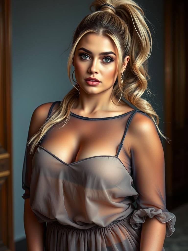 Attractive Curvy Supermodel in Sheer Dress