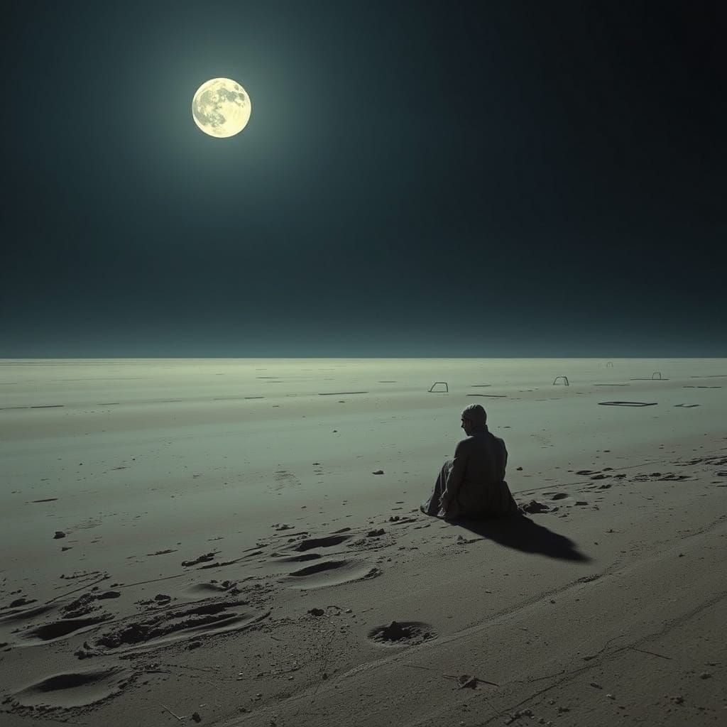 Solitary Figure on Moonlit Beach in Dark Surrealism Style