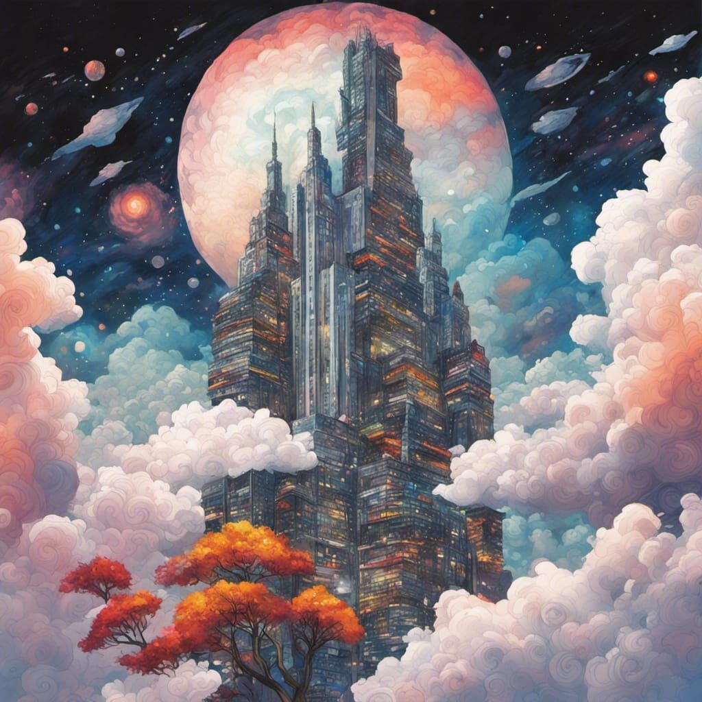 Cyberpunk City in Sky, Gouache Style