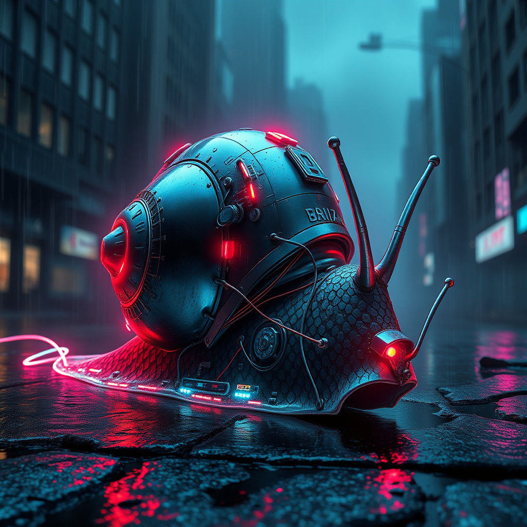 Cyberpunk Snail with Glowing Circuits in Rainy City