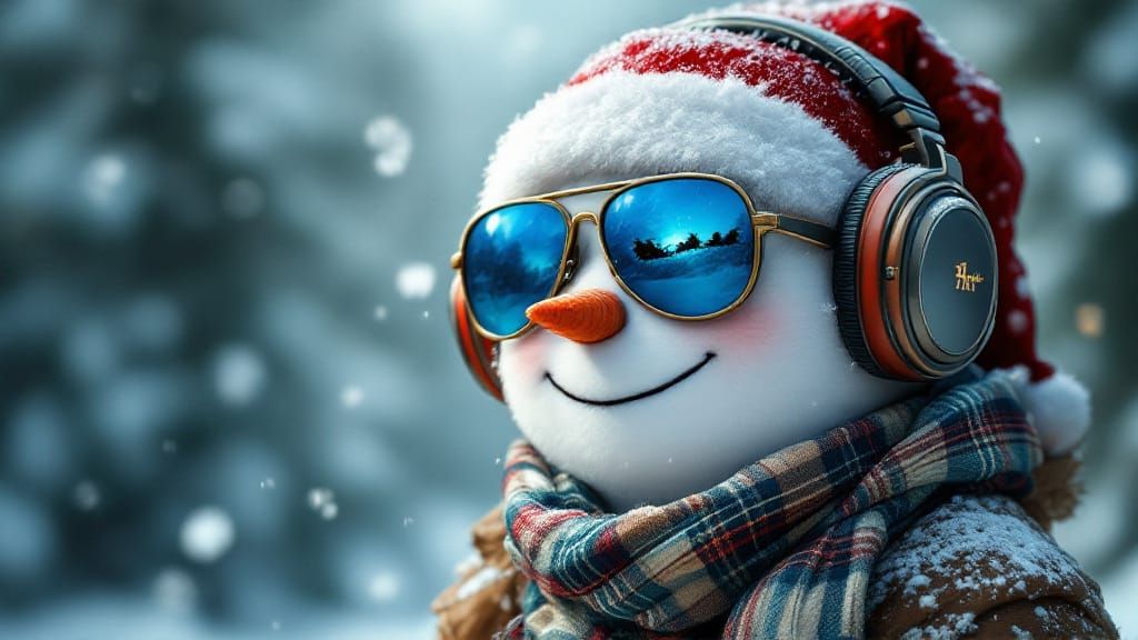 Whimsical Snowman with Santa Hat and Blue Sunglasses