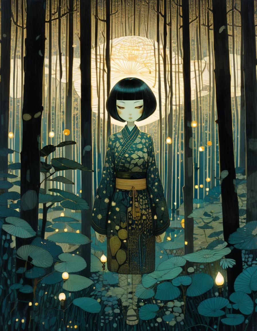 Girl in Forest at Night, Illustrative Style
