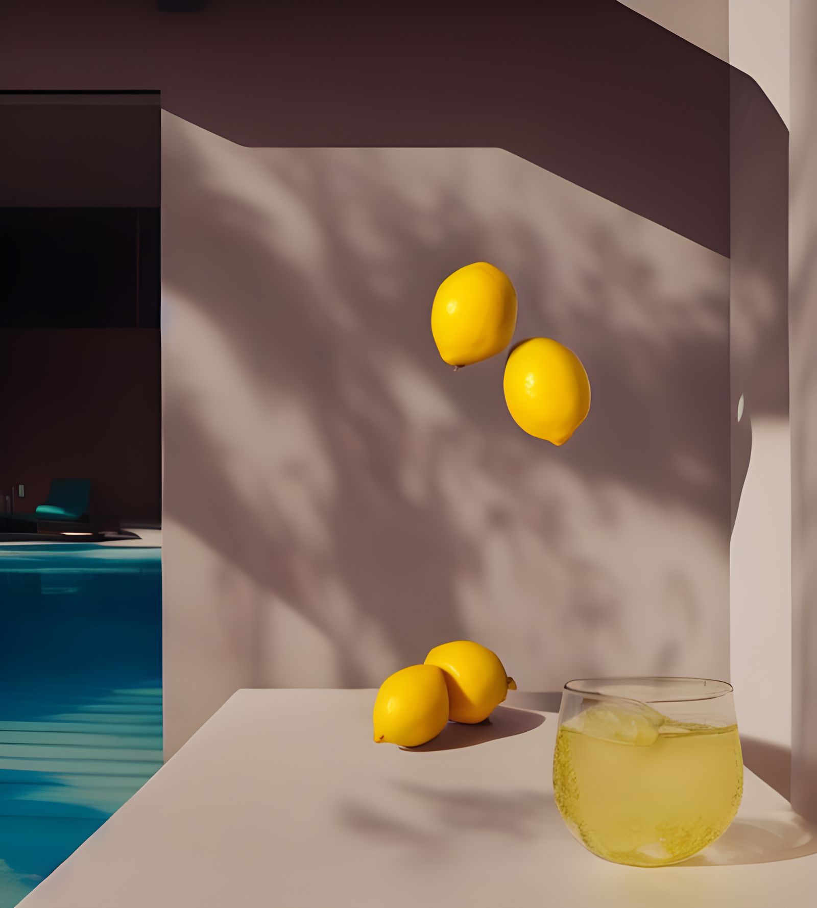 Surreal California Pool Scene with Lemonade