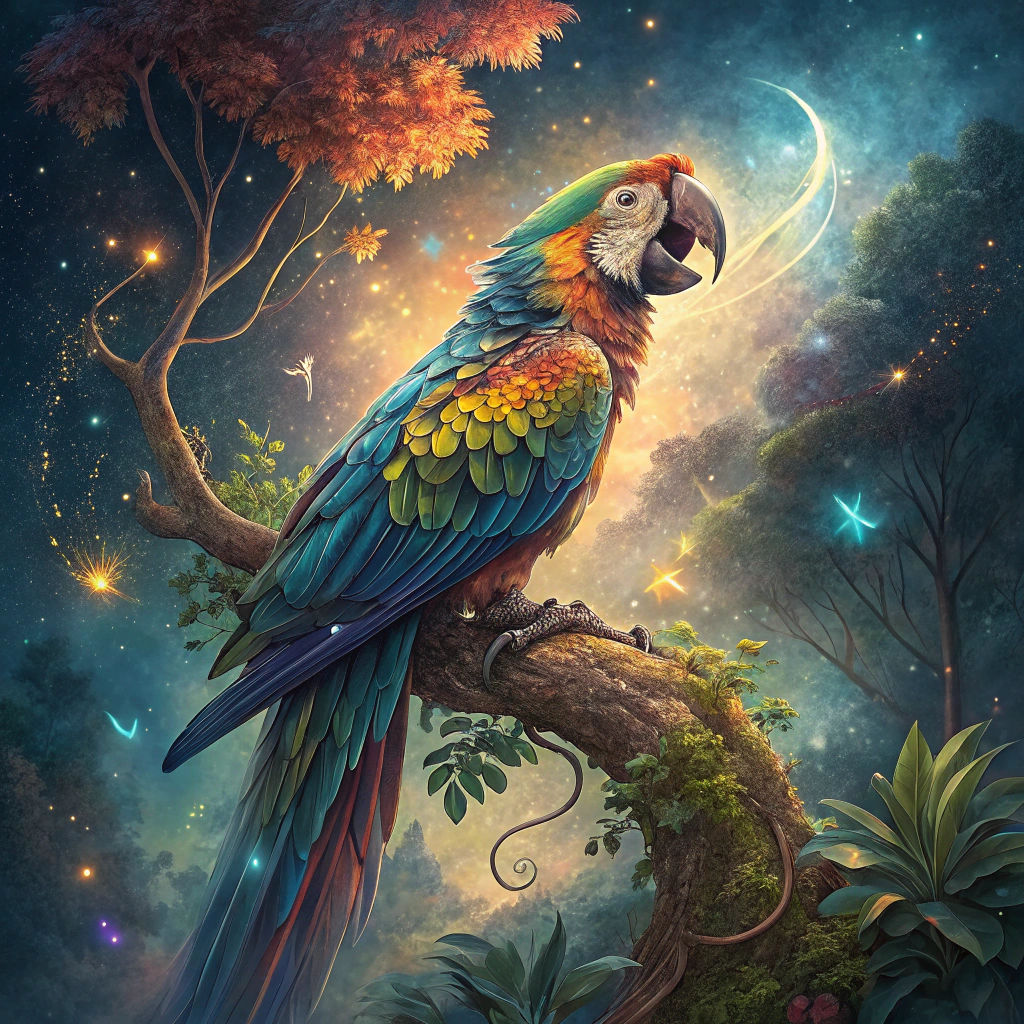 Cosmic Macaw Singing in Astral Landscape