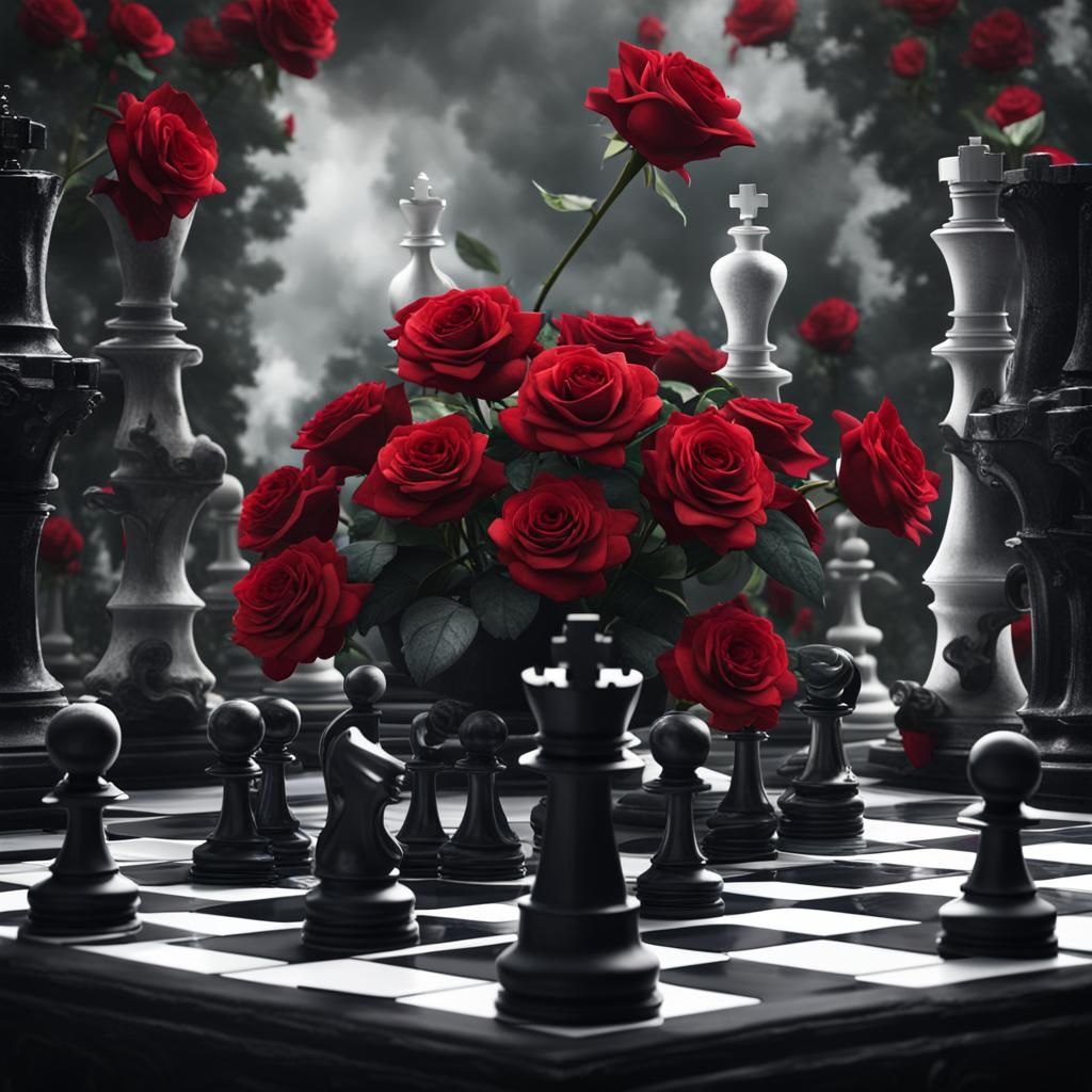 Chessboard with Red Roses: Fantasy Concept Art