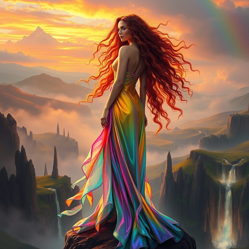 Majestic Goddess of the Rainbow in Vibrant, Dreamlike Landsc...