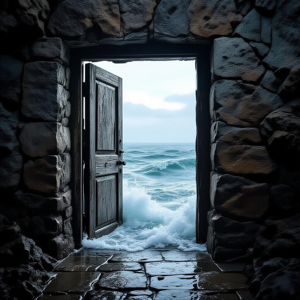 Surreal Ocean Vista Through Antique Broken Door