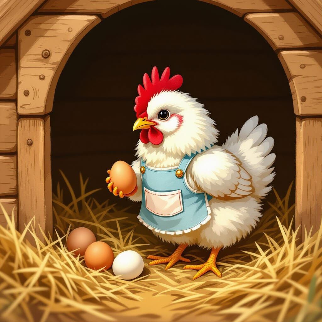 Chicken in Apron Collecting Egg, Beatrix Potter Style