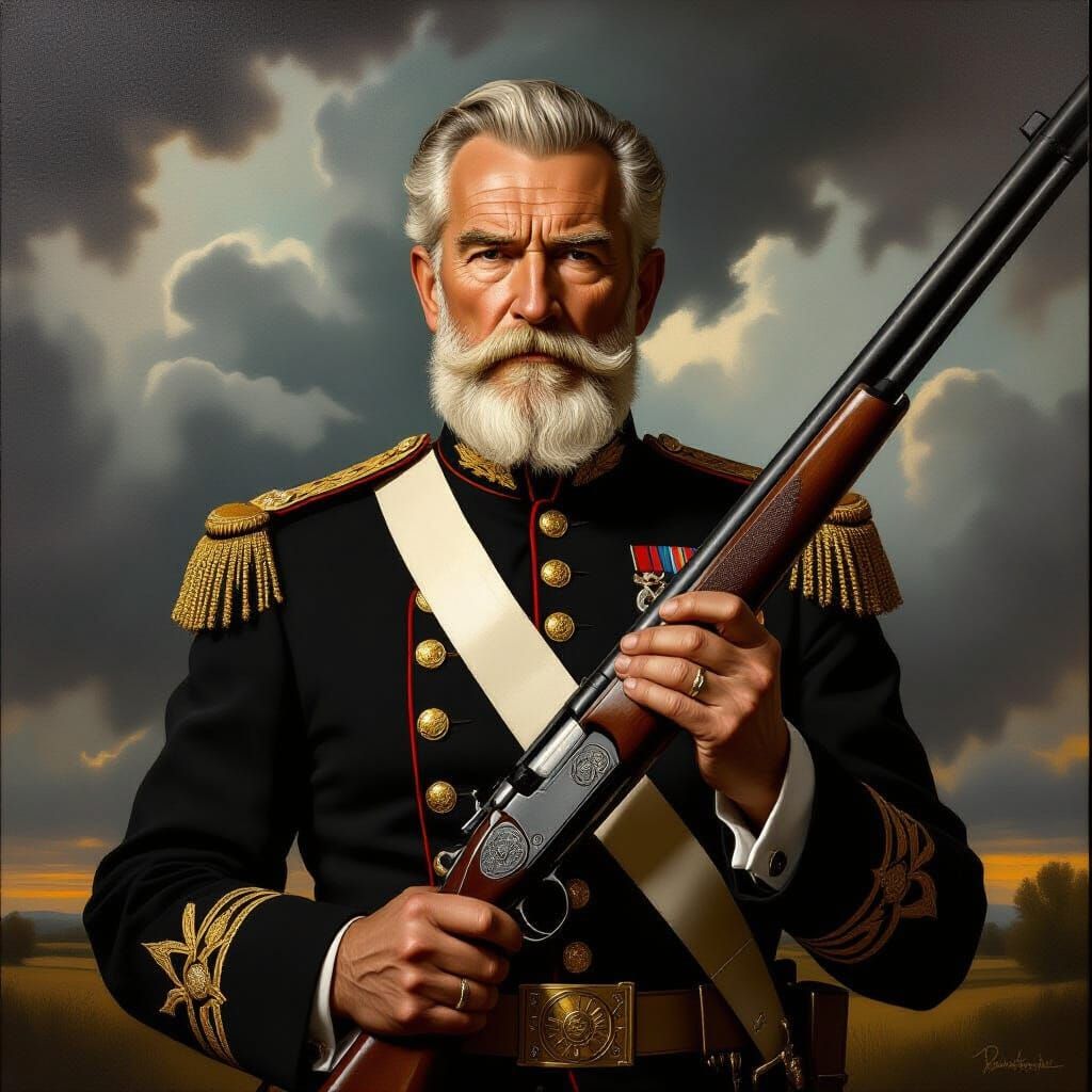 Elderly Soldier in Baroque Military Portrait with Rifle