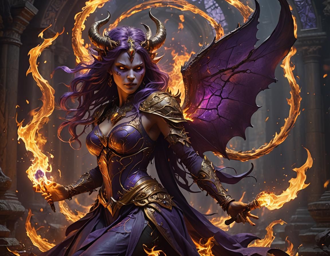 Attractive Demoness Plays with Fire: Dark Fantasy Art