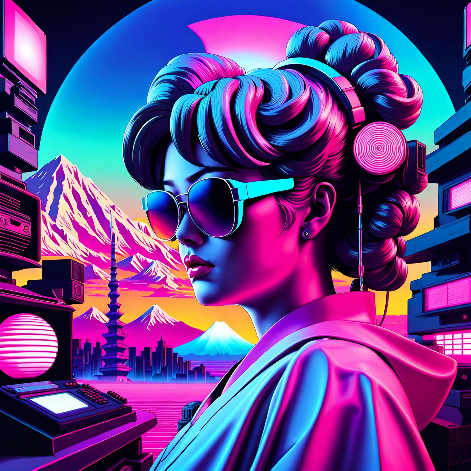 Vaporwave Cyberpunk Wallpaper with Japanese Art Elements