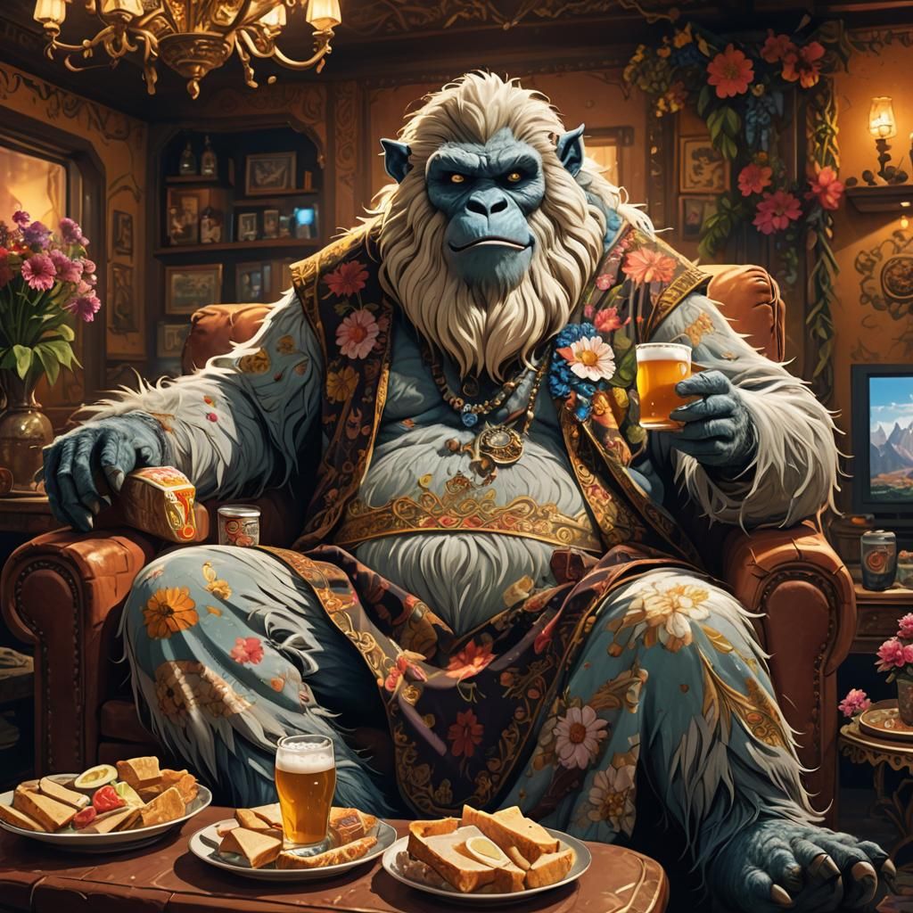 Yetis Relaxing at Home Watching TV