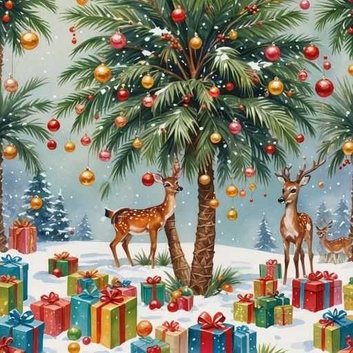 Festive Christmas Palm Tree in Snow, Gouache Painting