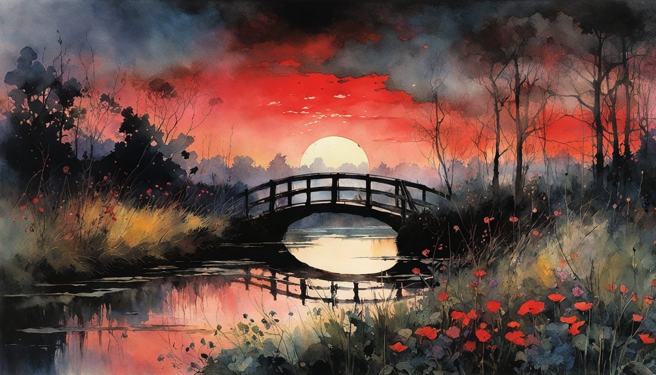 Eclipse Over Swamp River in Watercolor Print Style