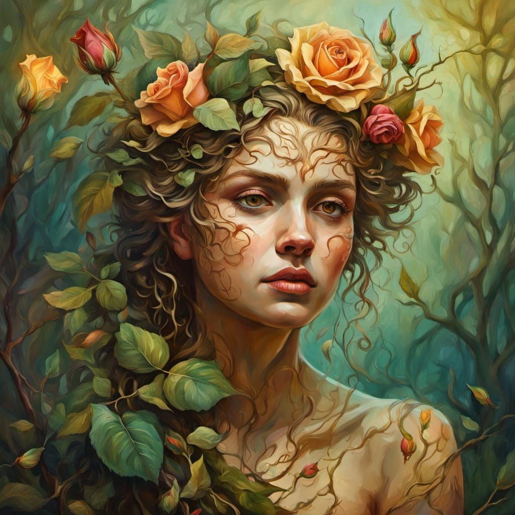 Rose Dryad in Mythological Realism Style