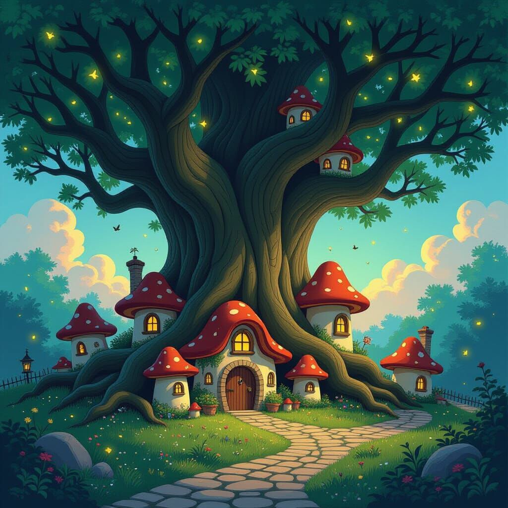 Enchanted Forest Tree Archway Village in Fantasy Art Style