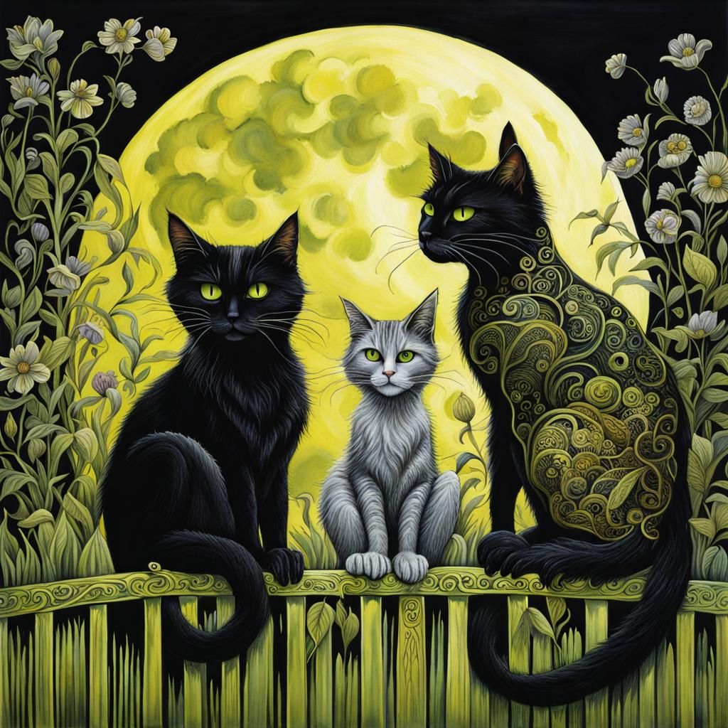 Cats Gazing at a Chartreuse Moon, in Froud Style