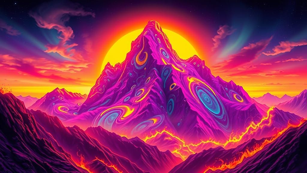 Surreal Mountain Landscape in Neon and Flame