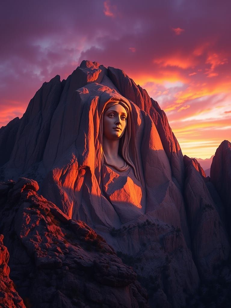 Madonna Mountain Carving at Twilight in Epic Fantasy Style
