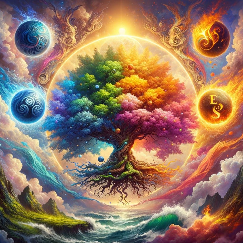 Tree of Life with Four Elements, a Digital Painting