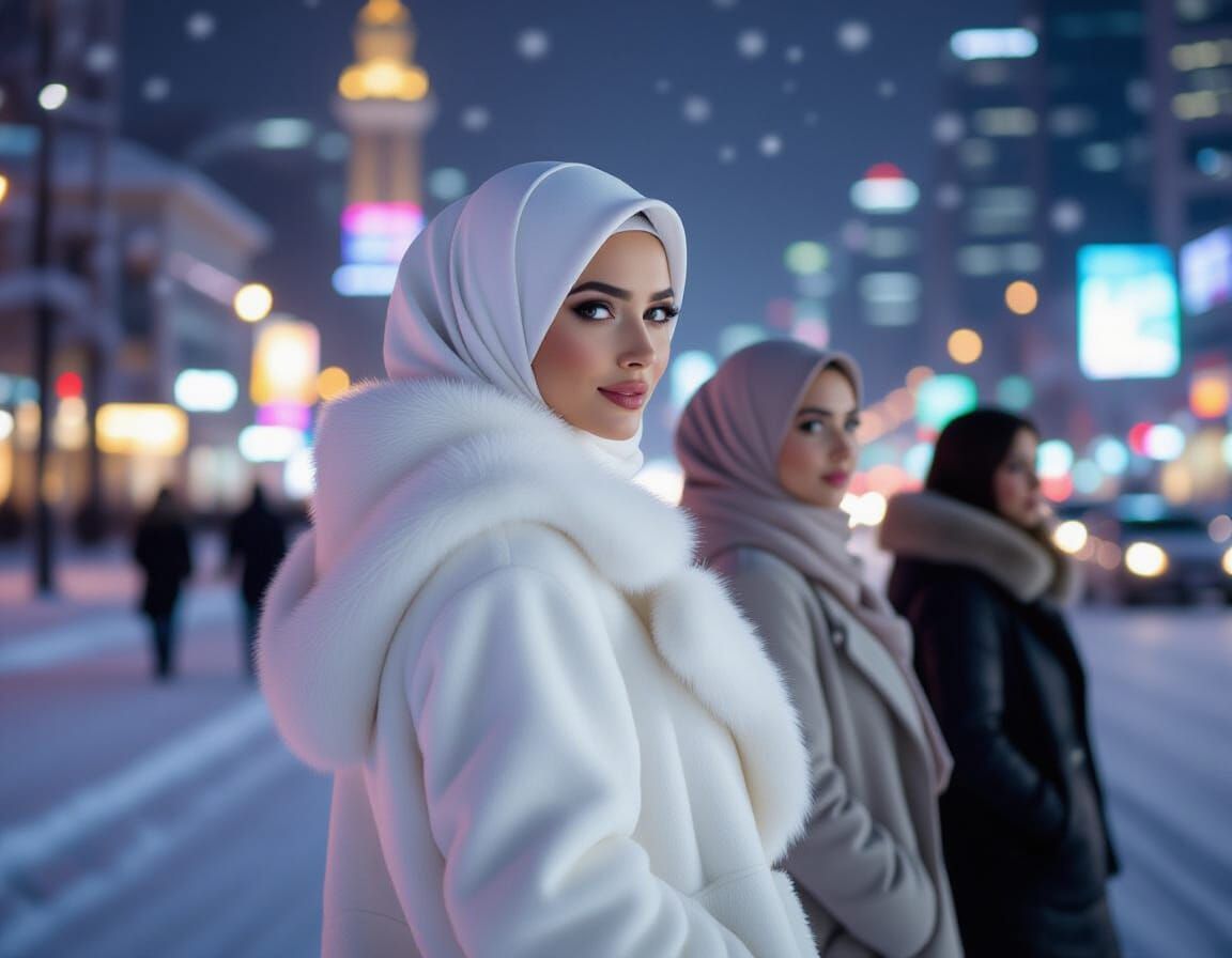 Woman in Hijab and Fur Coat in Colorful City Snow