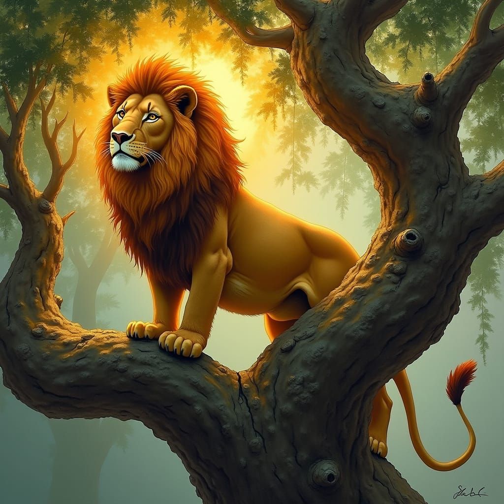 Lion King on Ancient Tree, Art Nouveau Style