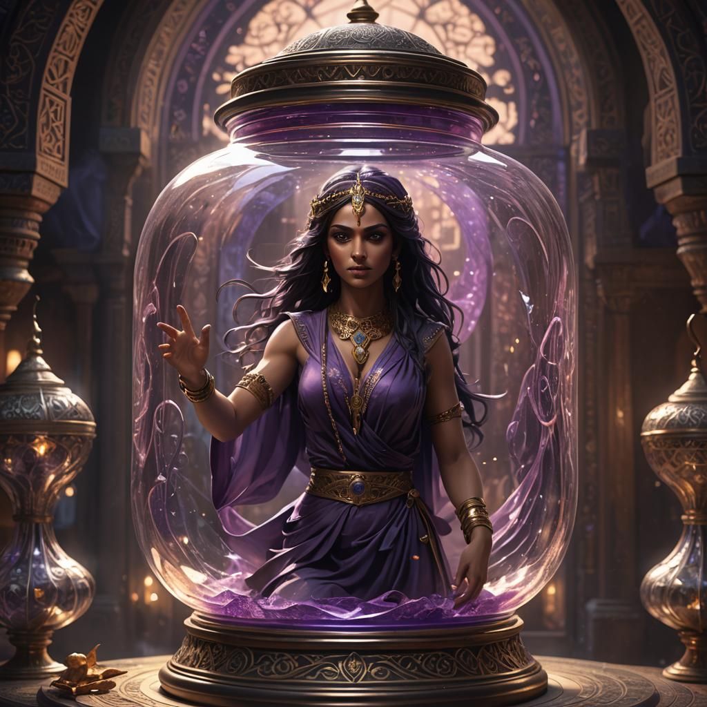 Elegant Female Djinn in Decorative Jar